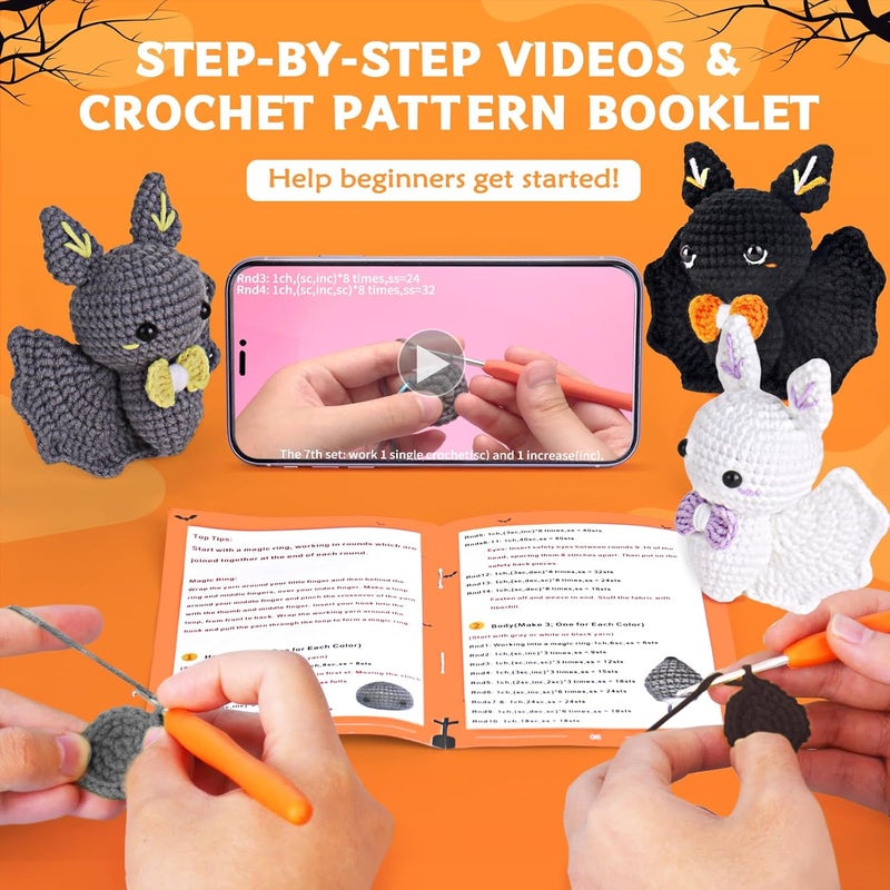 Crochetta Crochet Kit for Beginners, Beginner Crochet Kit for Adults with Step-by-Step Video Tutorials, Halloween Gifts DIY Crochet Animal Kits Knitting Supplies, 3 Pack Bat (40%+ Yarn) - Image 2